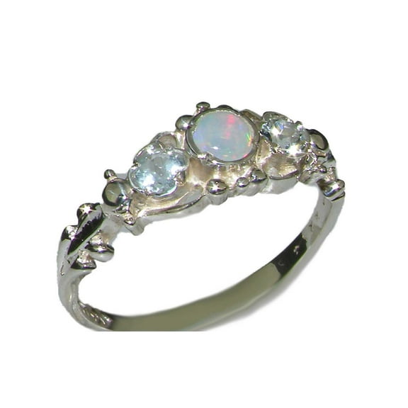 LBG British Made 18k White Gold Natural Opal & Aquamarine Womens Trilogy Ring - 33 size options - Sizes 4 to 12 Available