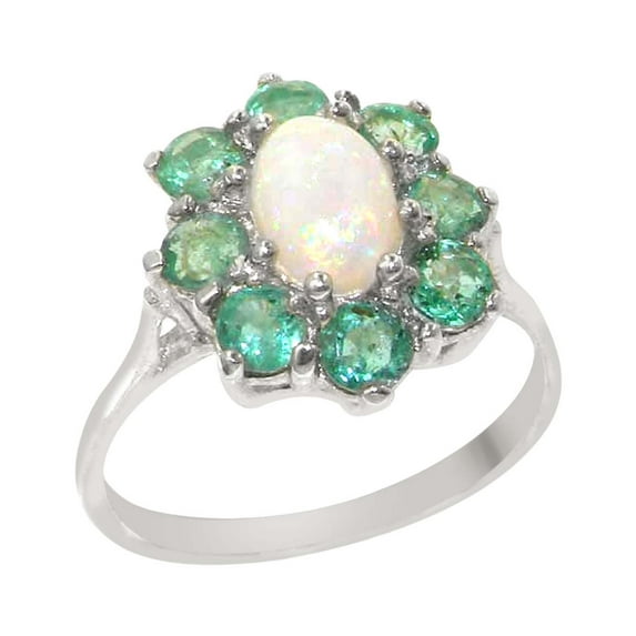 LBG British Made 18k White Gold Natural Opal & Emerald Womens Engagement Ring - 33 size options - Size 8