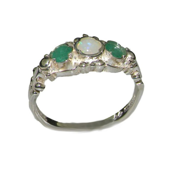 LBG British Made 18k White Gold Natural Opal & Emerald Womens Trilogy Ring - 33 size options - Sizes 4 to 12 Available