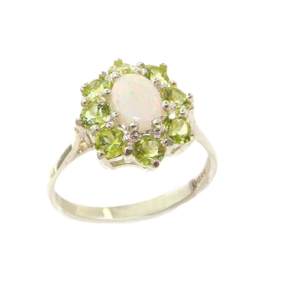 LBG British Made 18k White Gold Natural Opal & Peridot Womens Cluster Ring - 33 size options - Size 11.75