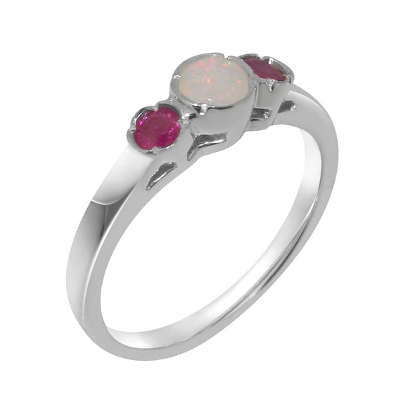 LBG British Made 18k White Gold Natural Opal & Ruby Womens Engagement Ring - 33 size options - Size 4.5