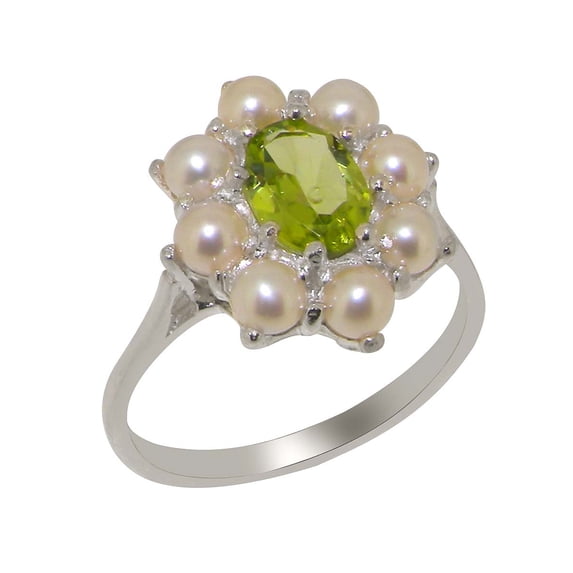 LBG British Made 18k White Gold Natural Peridot & Cultured Pearl Womens Anniversary Ring - 33 size options - Size 8.5