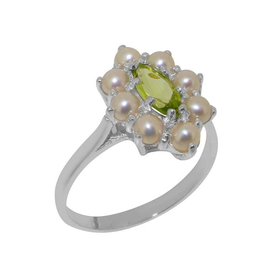LBG British Made 18k White Gold Natural Peridot & Cultured Pearl Womens Anniversary Ring - 33 size options - Size 9.25