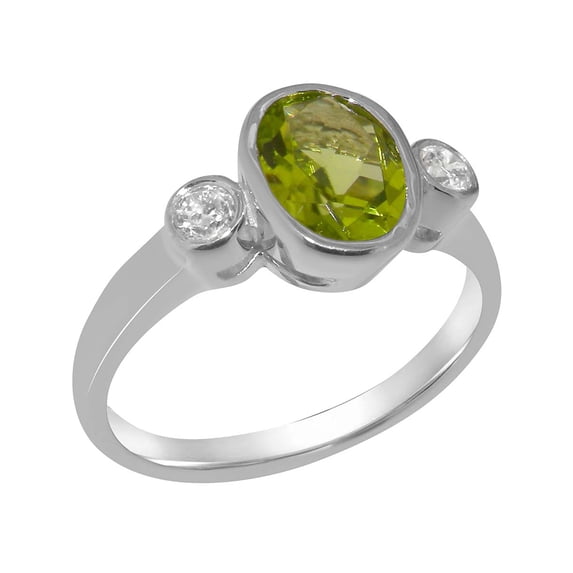 LBG British Made 18k White Gold Natural Peridot & Diamond Womens Anniversary Ring - 33 size options - Size 8.75