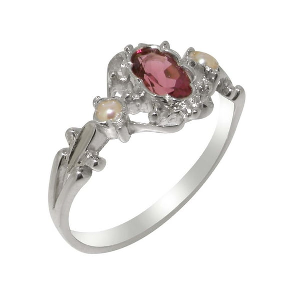 LBG British Made 18k White Gold Natural Pink Tourmaline & Cultured Pearl Womens Engagement Ring - 33 size options - Size 7.25
