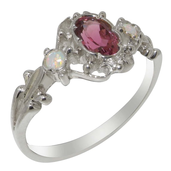 LBG British Made 18k White Gold Natural Pink Tourmaline & Opal Womens Anniversary Ring - 33 size options - Size 8.75