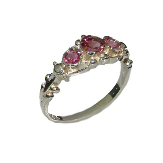 LBG British Made 18k White Gold Natural Pink Tourmaline Womens Trilogy Ring - 33 size options - Sizes 4 to 12 Available
