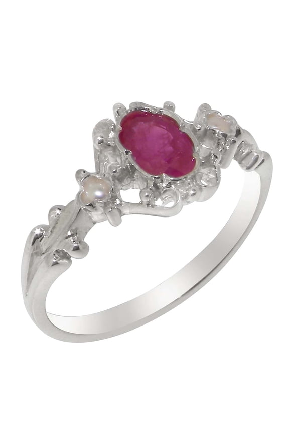 LBG British Made 18k White Gold Natural Ruby & Cultured Pearl Womens Anniversary Ring - 33 size options - Size 10