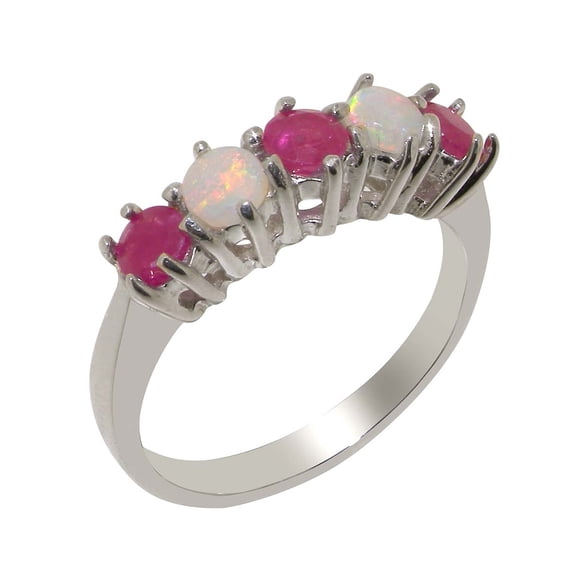 LBG British Made 18k White Gold Natural Ruby & Opal Womens Eternity Ring - 33 size options - Size 5