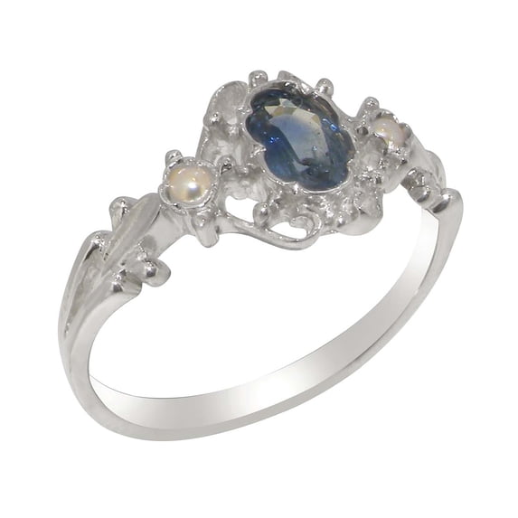 LBG British Made 18k White Gold Natural Sapphire & Cultured Pearl Womens Trilogy Ring - 33 size options - Size 11.75
