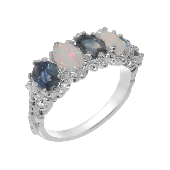 LBG British Made 18k White Gold Natural Sapphire & Opal Womens Eternity Ring - 33 size options - Size 7