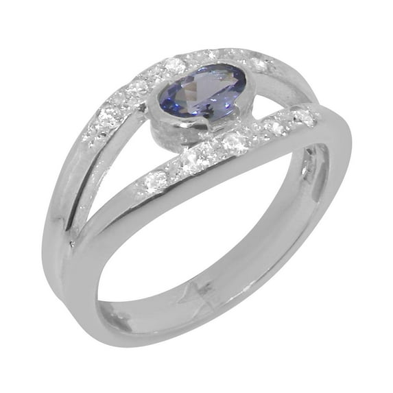 LBG British Made 18k White Gold Natural Tanzanite & Cubic Zirconia Womens Band Ring - 33 size options - Size 9.5
