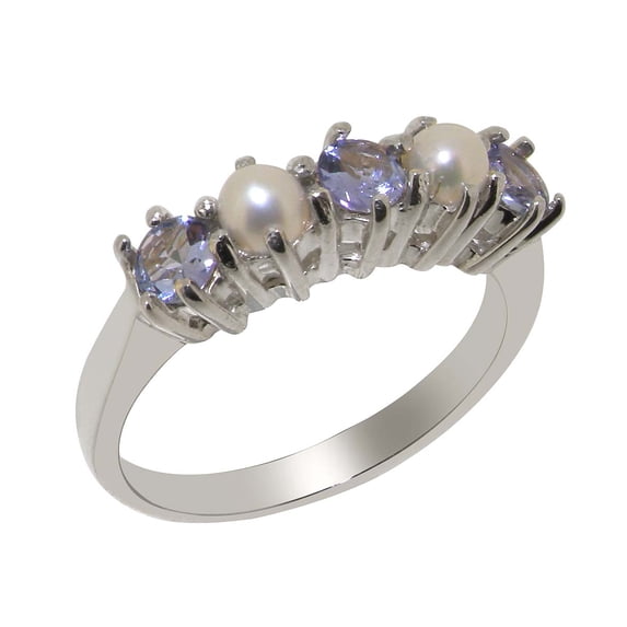 LBG British Made 18k White Gold Natural Tanzanite & Cultured Pearl Womens Promise Ring - 33 size options - Size 9.5