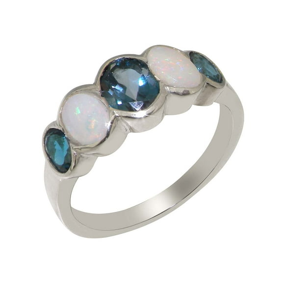 LBG British Made 18k White Gold Real Natural London Blue Topaz & Opal Womens Band Ring - 33 size options - Size 8