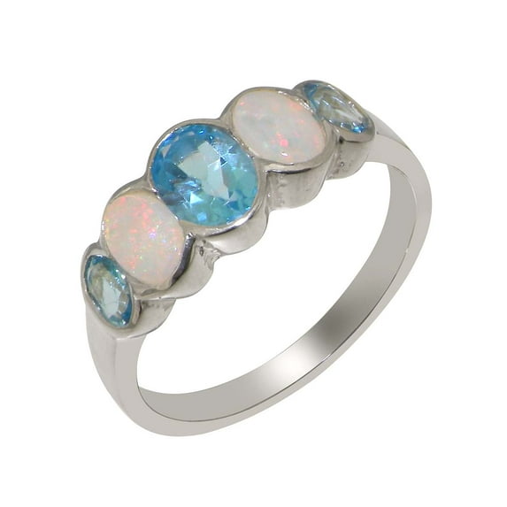 LBG British Made 18k White Gold Womens Ring Natural Blue Topaz & Opal Band Ring - 33 size options - Size 7.5