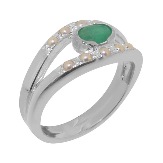 LBG British Made 18k White Gold Womens Ring Natural Emerald & Cultured Pearl Band Ring - 33 size options - Size 7.5