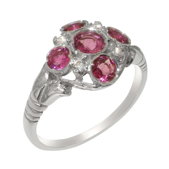 LBG British Made 18k White Gold Womens Ring Natural Pink Tourmaline & Diamond Statement Ring - 33 size options - Size 7.5