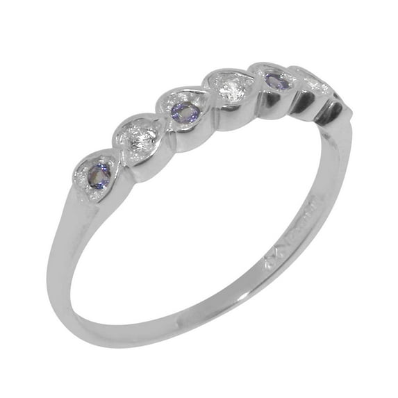 LBG British Made 18k White Gold ring with Cubic Zirconia & Natural Tanzanite Womens Eternity Ring - 33 size options - Size 11