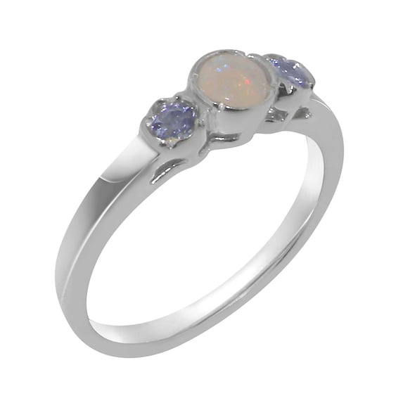 LBG British Made 18k White Gold ring with Natural Opal & Tanzanite Womens Engagement Ring - 33 size options - Size 11