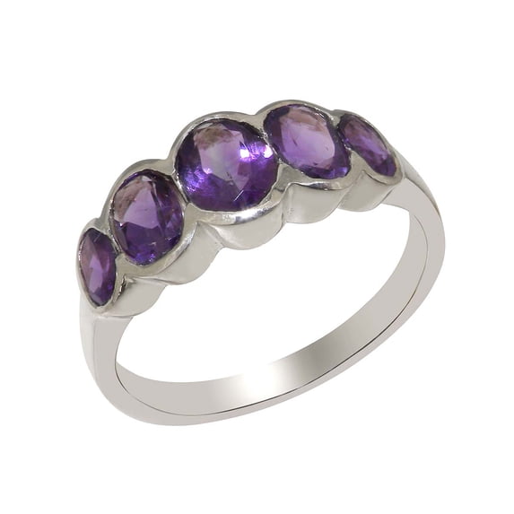 LBG British Made 18k White GoldWomens Ring Natural Amethyst Band Ring - 33 size options - Size 7.5