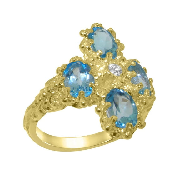 LBG British Made 18k Yellow Gold Cubic Zirconia & Blue Topaz Womens Statement Ring - 33 size options - Size 4.25