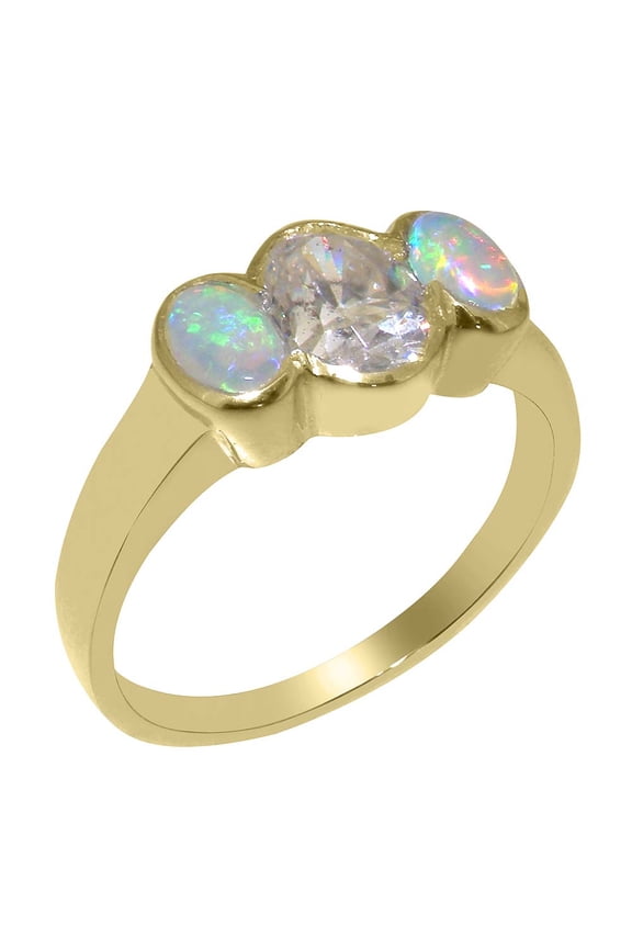 LBG British Made 18k Yellow Gold Cubic Zirconia & Natural Opal Womens Engagement Ring - 33 size options - Size 6