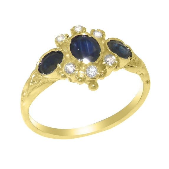 LBG British Made 18k Yellow Gold Genuine Natural Sapphire & Diamond Womens Statement Ring - 33 size options - Size 5.5
