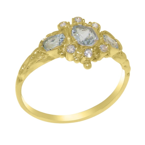 LBG British Made 18k Yellow Gold Natural Aquamarine & Cubic Zirconia Womens Anniversary Ring - 33 size options - Size 10