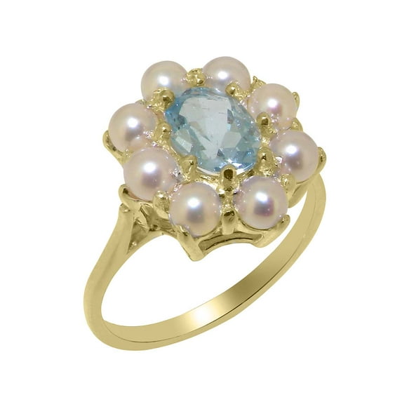 LBG British Made 18k Yellow Gold Natural Aquamarine & Cultured Pearl Womens Engagement Ring - 33 size options - Size 4.75