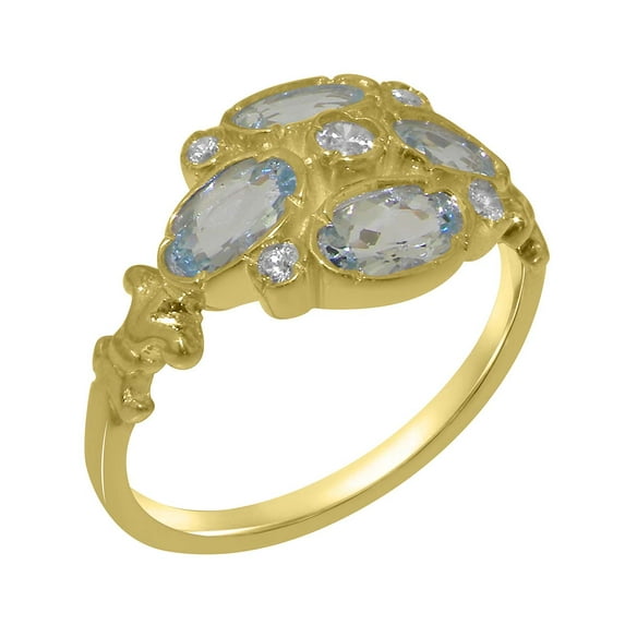 LBG British Made 18k Yellow Gold Natural Diamond & Aquamarine Womens Statement Ring - 33 size options - Size 6.5