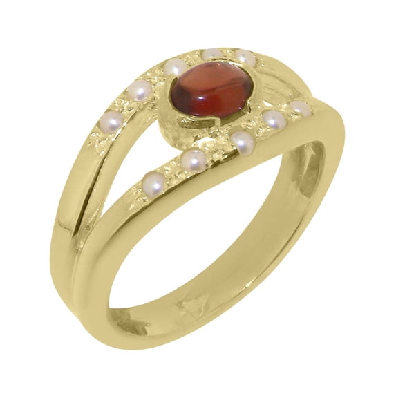 LBG British Made 18k Yellow Gold Natural Garnet & Cultured Pearl Womens Band Ring - 33 size options - Size 11.5