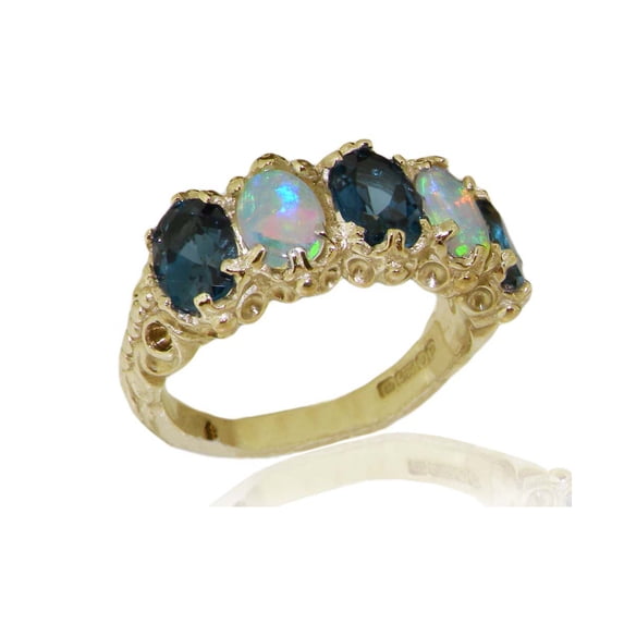 LBG British Made 18k Yellow Gold Natural London Blue Topaz & Opal Womens Eternity Ring - 33 size options - Size 5.25