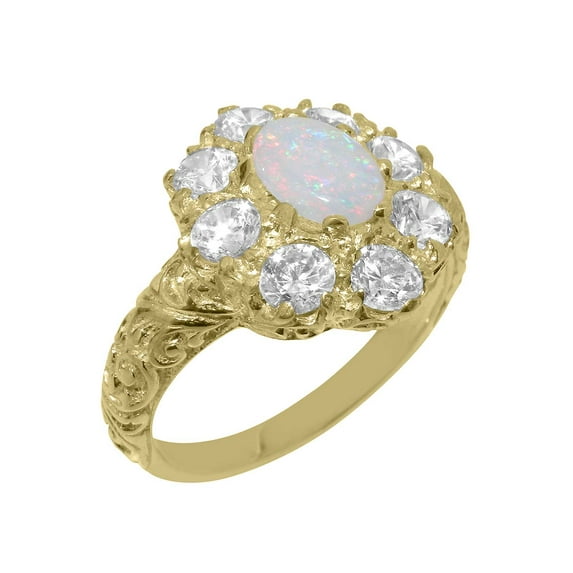 LBG British Made 18k Yellow Gold Natural Opal & Cubic Zirconia Womens Statement Ring - 33 size options - Size 10