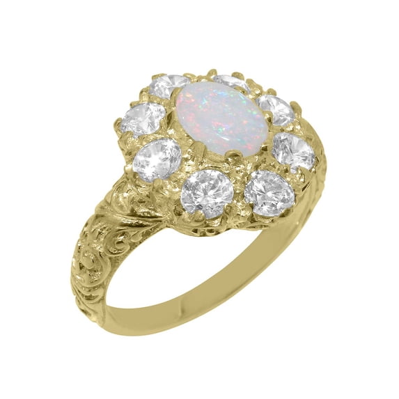 LBG British Made 18k Yellow Gold Natural Opal & Cubic Zirconia Womens Statement Ring - 33 size options - Size 6.5
