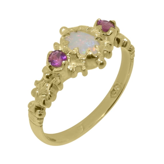 LBG British Made 18k Yellow Gold Natural Opal & Pink Tourmaline Womens Anniversary Ring - 33 size options - Size 10