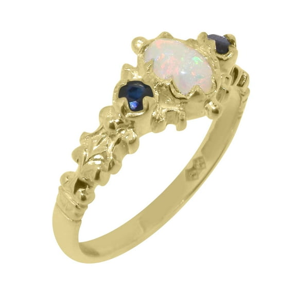 LBG British Made 18k Yellow Gold Natural Opal & Sapphire Womens Engagement Ring - 33 size options - Size 4.5