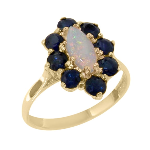 LBG British Made 18k Yellow Gold Natural Opal & Sapphire Womens Promise Ring - 33 size options - Size 6