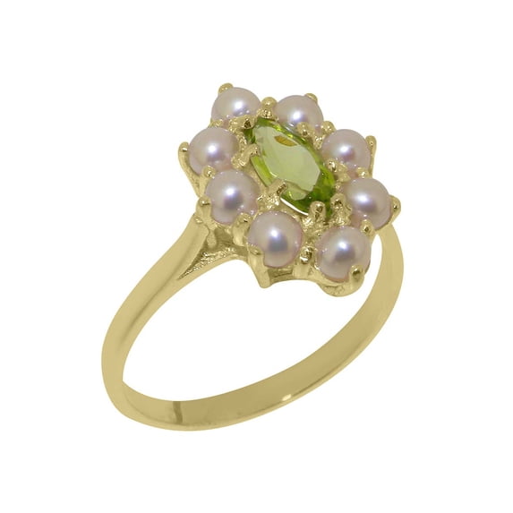LBG British Made 18k Yellow Gold Natural Peridot & Cultured Pearl Womens Statement Ring - 33 size options - Size 11.5