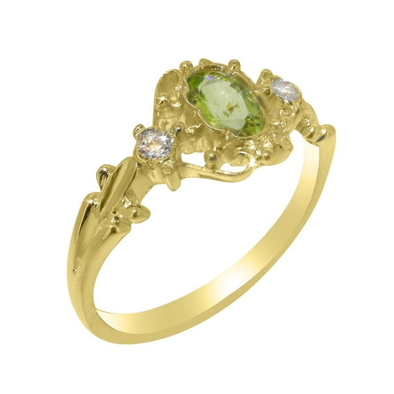 LBG British Made 18k Yellow Gold Natural Peridot & Diamond Womens Statement Ring - 33 size options - Size 5.5