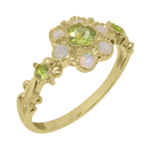 LBG British Made 18k Yellow Gold Natural Peridot & Opal Womens Engagement Ring - 33 size options - Size 4.5