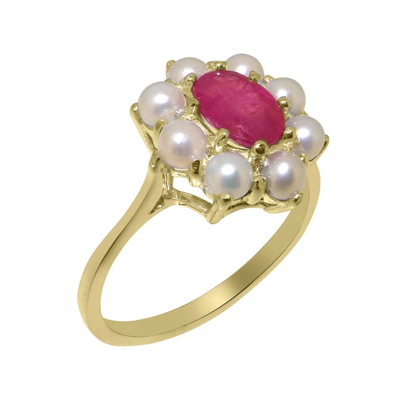LBG British Made 18k Yellow Gold Natural Ruby & Cultured Pearl Womens Cluster Ring - 33 size options - Size 5.25