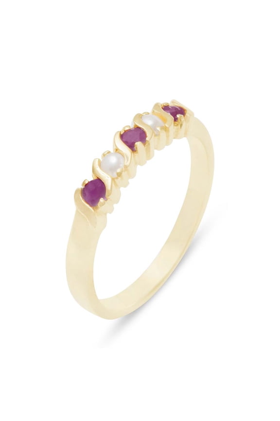 LBG British Made 18k Yellow Gold Natural Ruby & Cultured Pearl Womens Eternity Ring - 33 size options - Sizes 4 to 12 Available