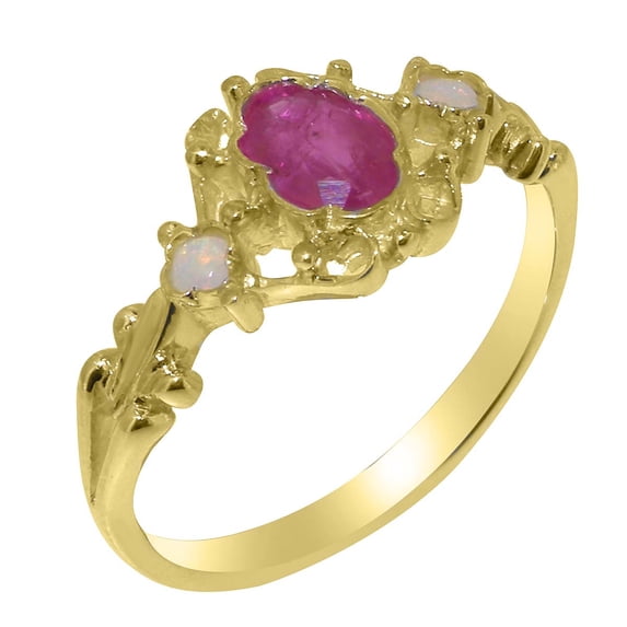 LBG British Made 18k Yellow Gold Natural Ruby & Opal Womens Engagement Ring - 33 size options - Size 6
