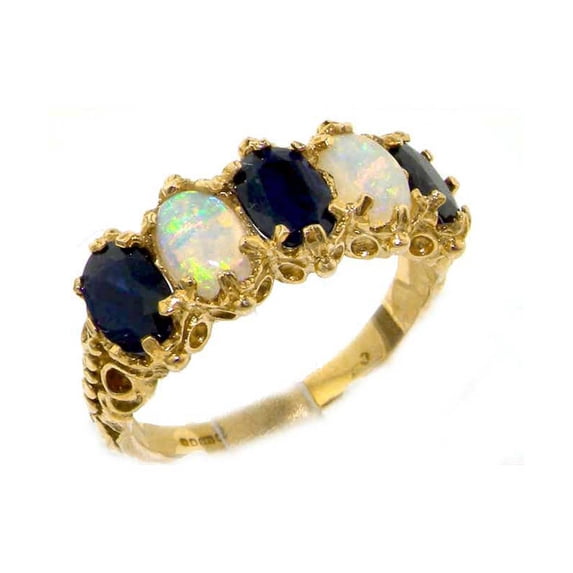 LBG British Made 18k Yellow Gold Natural Sapphire & Opal Womens Eternity Ring - 33 size options - Size 4.75