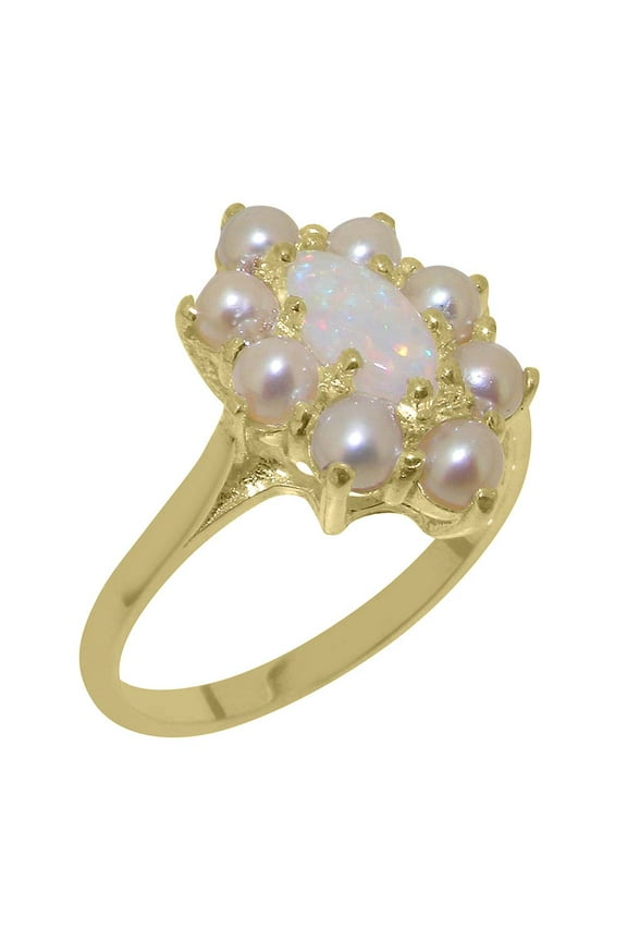 LBG British Made 18k Yellow Gold Opal & Cultured Pearl ring Womens Statement Ring - 33 size options - Size 11.75
