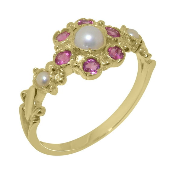 LBG British Made 18k Yellow Gold Ring with Cultured Pearl & Pink Tourmaline Womens Engagement Ring - 33 size options - Size 7.25
