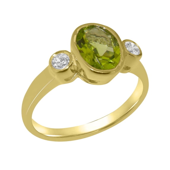 LBG British Made 18k Yellow Gold Ring with Natural Peridot & Diamond Womens Engagement Ring - 33 size options - Size 7.25