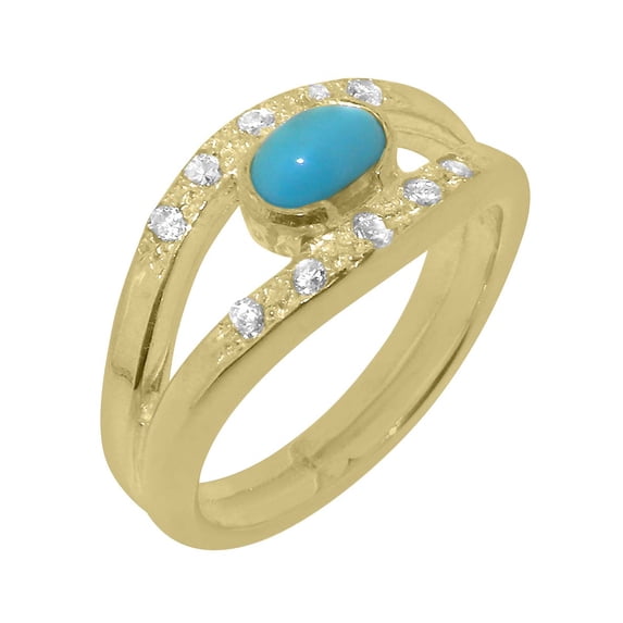 LBG British Made 18k Yellow Gold Womens Ring Natural Turquoise & Diamond Band Ring - 33 size options - Size 7.5