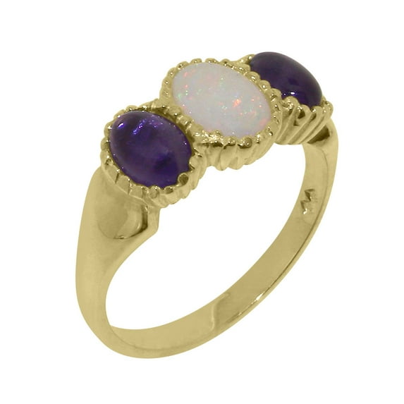 LBG British Made 18k Yellow Gold ring with Natural Opal & Amethyst Womens Anniversary Ring - 33 size options - Size 11.25