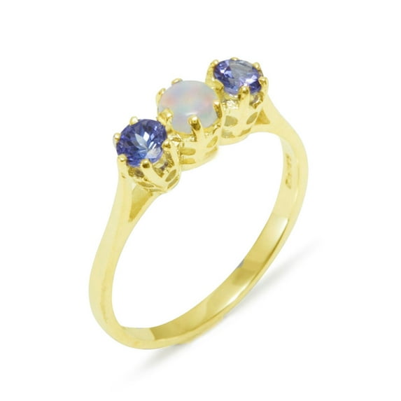 LBG British Made 18k Yellow Gold ring with Natural Opal & Tanzanite Womens Engagement Ring - 33 size options - Size 9.75